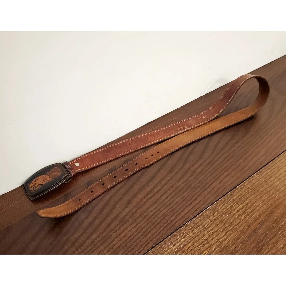 Vintage Leather Overlay Eagle Belt Buckle w/Full‎ Grain Leather Belt 38-40
